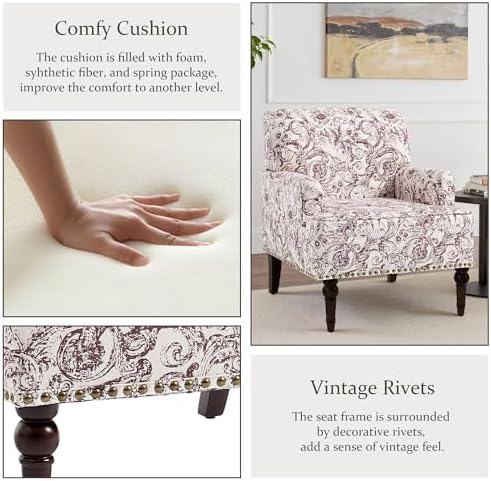 Rococo Accent Chairs Set of 2, Fabric Upholstered Armchair, Plum