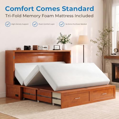 Mjkone Murphy Cabinet Bed with Tri-Folding Mattress, Queen Size Cherry