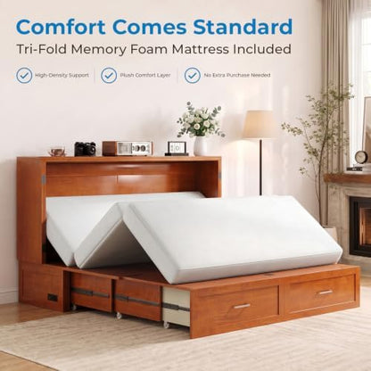 Mjkone Murphy Cabinet Bed with Tri-Folding Mattress, Queen Size Cherry