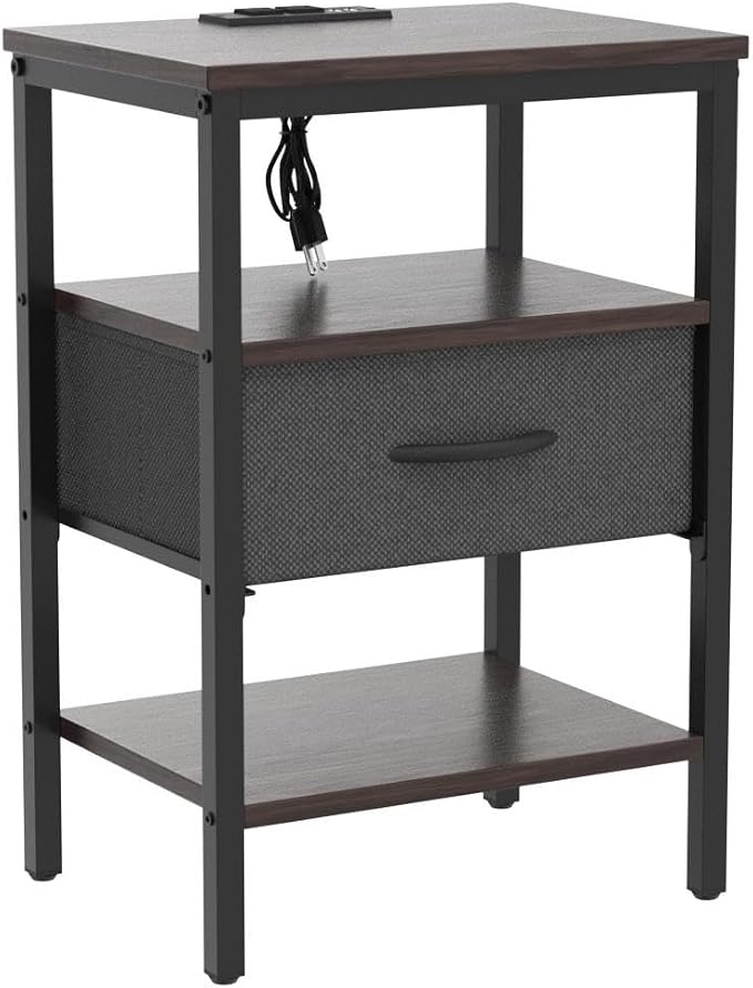 SUPERJARE Nightstand Set of 2, Bed Side Tables with Charging Station, Adjustable Fabric Drawer, Night Stand for Bedroom, 3-Tier Storage End Tables, Walnut