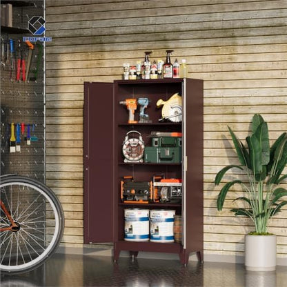 COFAR Metal Storage Cabinet with Shelves and Doors, 61in Tall, Walnut Red