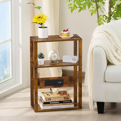 YUFAM 3-Tier Narrow Bedside Table with Charging Station, Skinny Nightstand