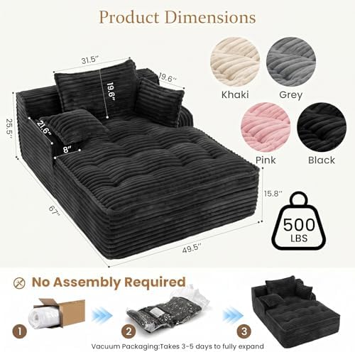 Boneless Chaise Lounge Couch Indoor, Oversized Corduroy Upholstered Sofa Bed Reading Chairs with 3 Pillows, Comfy Cloud Sofas Couches, Deep Seat Sleeper Couch for Bedroom Living Room