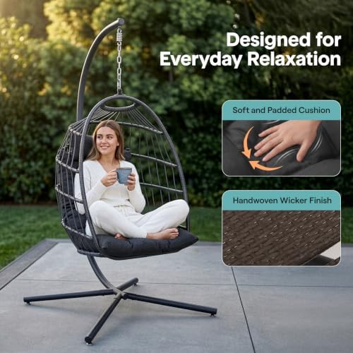 SereneLife Hanging Egg Chair with Stand | Foldable Rattan Wicker Hammock Chair for Patio, Balcony, and Bedroom Use with UV & Weather Resistant Cushion | 350 lb Capacity | Folds Flat Easy Storage