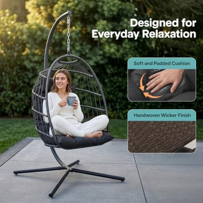SereneLife Hanging Egg Chair with Stand | Foldable Rattan Wicker Hammock Chair for Patio, Balcony, and Bedroom Use with UV & Weather Resistant Cushion | 350 lb Capacity | Folds Flat Easy Storage