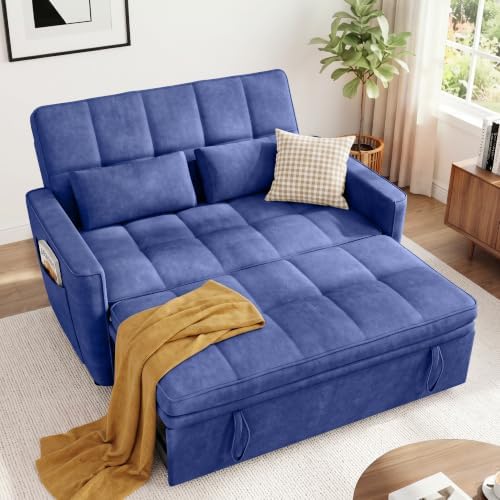 54'' Sleeper Sofa Bed, Convertible Pull Out Couch with Adjustable Backrest, Side Pockets & 2 Lumbar Pillows, Velvet Fabric Loveseat for Living Room, Apartment & Small Spaces (Blue)