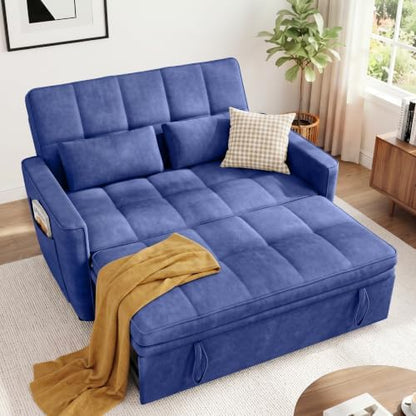 54'' Sleeper Sofa Bed, Convertible Pull Out Couch with Adjustable Backrest, Side Pockets & 2 Lumbar Pillows, Velvet Fabric Loveseat for Living Room, Apartment & Small Spaces (Blue)