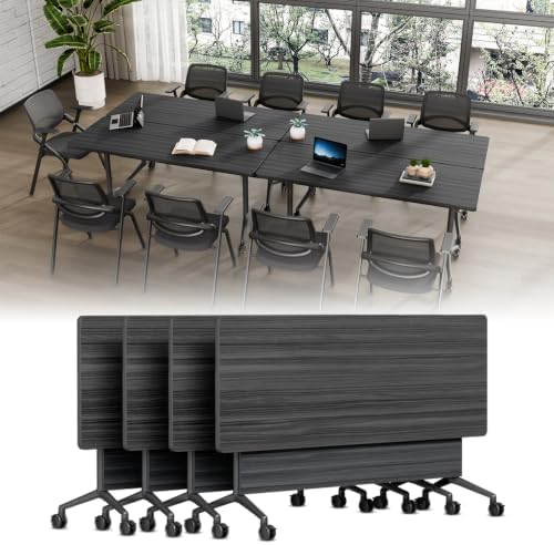 Folding Conference Table, Conference Room Tables with Wheels Foldable Large Rectangle Meeting Seminar Table for 6-12 People, Flip Top Mobile Training Table for Office Classr (4, Black, 61in)