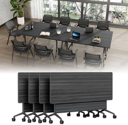 Folding Conference Table, Conference Room Tables with Wheels Foldable Large Rectangle Meeting Seminar Table for 6-12 People, Flip Top Mobile Training Table for Office Classr (4, Black, 61in)