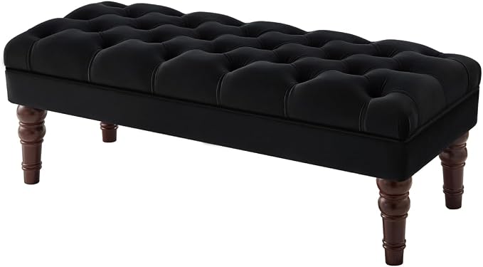24KF Velvet Upholstered Buttons Tufted Entryway Bench with Solid Wood Leg,Bed Bench Ottoman with Padded Seat,5061N-Black