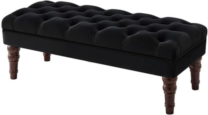 24KF Velvet Upholstered Buttons Tufted Entryway Bench with Solid Wood Leg,Bed Bench Ottoman with Padded Seat,5061N-Black