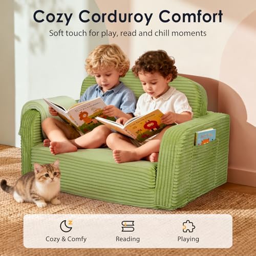 Extra Wide 2 in 1 Convertible Toddler Kids Couch - Corduroy Fold Out Kids Sofa Chair with Blanket, Comfy Comfortable Toddler Chair, Machine-Washable Cover, for Boys Girls, Green