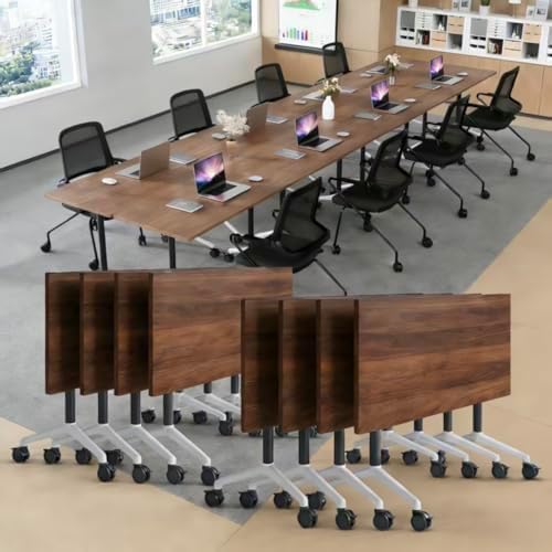 Folding Conference Table, Conference Room Tables with Wheels Foldable Large Rectangle Meeting Seminar Table for 6-12 People, Flip Top Mobile Training Table for Office Classr (2, Walnut 2, 55.1in)