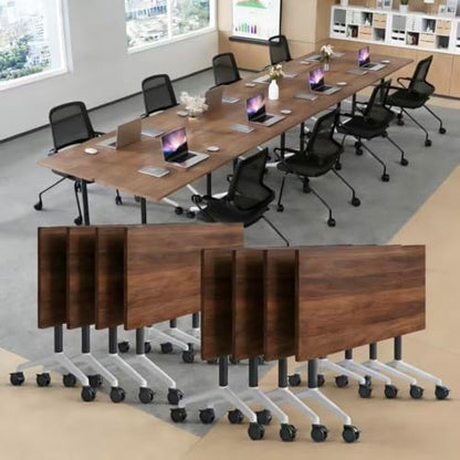 Folding Conference Table, Conference Room Tables with Wheels Foldable Large Rectangle Meeting Seminar Table for 6-12 People, Flip Top Mobile Training Table for Office Classr (2, Walnut 2, 55.1in)