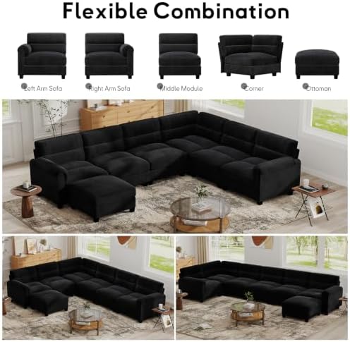Bonzy Home Modular Sectional Sofa for Living Room, U Shaped Couch, Black