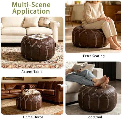 Thgonwid Round Unstuffed Pouf Cover, Faux Leather Storage Ottoman, Boho Moroccan Foot Stool, Multi-Purpose Home Decor for Living Room, Bedroom and Balcony, Deep Coffee, No Filling Included