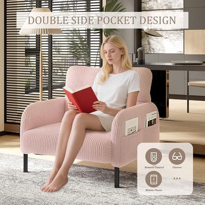 26" Corduroy Single Sofa Chair with Double Side Pockets & High Resilience Cushion, Modern Ergonomic Design Upholstery Oversized 1-Seater Accent Chair, Easy Assembly, for Living Room, Pink