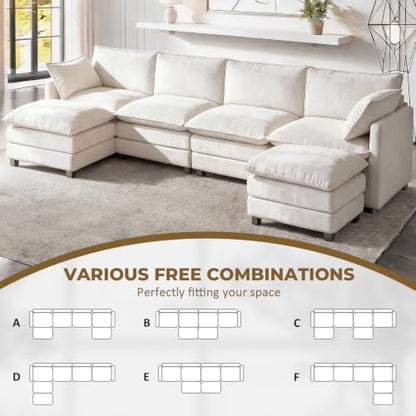 LEVELEVE 146" U-Shape Modular Sofa with 2 Ottomans, Deep Seat Cloud Convertible Sleeper, 2 Arm Pillows, Comfortable Large Upholstered Furniture for Living Room Apartment, Beige