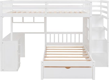 MERITLINE Full Over Twin L Shaped Bunk Bed with Stairs and Desk,Solid Wood L-Shaped Bunk Bed with Storage Drawers,Shelves,Ladder,Headboard and Guardrail,No Box Spring Needed (White)