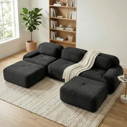 117" Corduroy Modern Sectional Couch, Boneless Couch, Compact sofa, Black