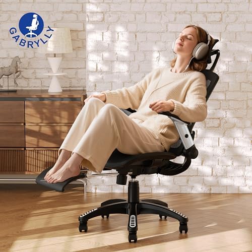 GABRYLLY Ergonomic Office Chair with Footrest, High Back Home Desk Chair - 3D Headrest, Flip-Up Arms, 135° Tilt and Wide Cushion, Heavy Duty Mesh Chairs for Task Computer Gaming, GYB01-FT