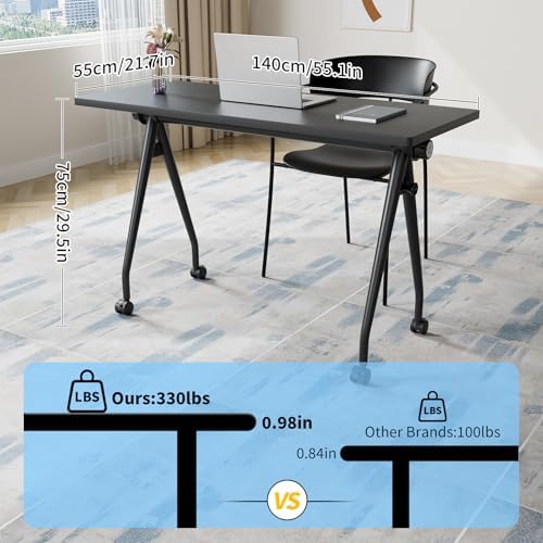 Folding Conference Table, Conference Room Tables with Wheels Foldable Large Rectangle Meeting Seminar Table for 6-12 People, Flip Top Mobile Training Table for Office Classr (4, Black 3, 55.1in)