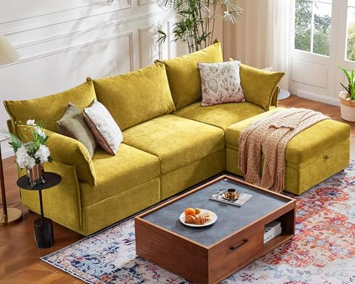 ABCASA 102.6" L Shaped Modular Sectional Couch with Washable Chenille Cover, 4 Seater Deep Seat Sofa with Storage Ottoman & Reversible Chaise for Living Room, Pet-Friendly, Yellow