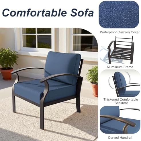 ALAULM Aluminum 2-Seat Patio Furniture Set, Metal Outdoor Furniture Sectional Sofas w/5.1" Cushions for Patio, Backyard, Poolside-DarkBlue