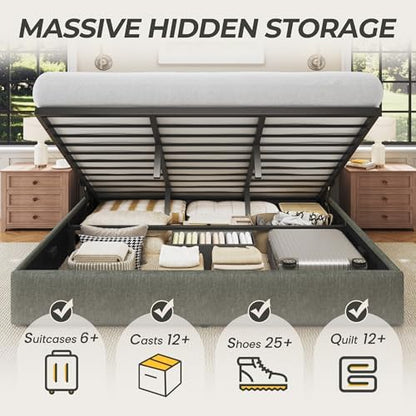 HISOFT Queen Size Lift Up Storage Bed Frame, Linen Upholstered Platform Bed with Wingback Headboard, Heavy Duty Hydraulic Gas Lift Underbed Space, Reinforced Full Metal Slats, Noise Free, Grey