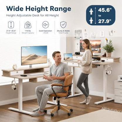 Grandder Electric Standing Desk with Four Drawers, Sit to Stand Up Height Adjustable Desk with Storage Shelf for Home Office, 55 * 28 Inch, Study, Ergonomic Adjustable Computer Desk, Maple