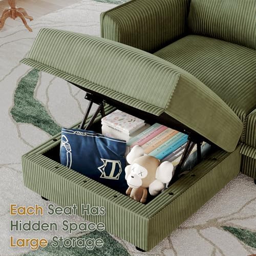 LLappuil 137" Modular Sectional Sofa with Storage, U Shaped 9-Seat Pet-Friendly Corduroy Couch with 9 Throw Pillows, Convertible Sofa Set for Living Room, Scratch Resistant, Green