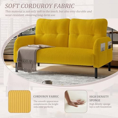 47" Modern Loveseat Couch Sofa, Corduroy Fabric Armchair Upholstered 2-Seat Loveseat Sofa for Small Space, Living Room, Bedroom, Apartment, Yellow