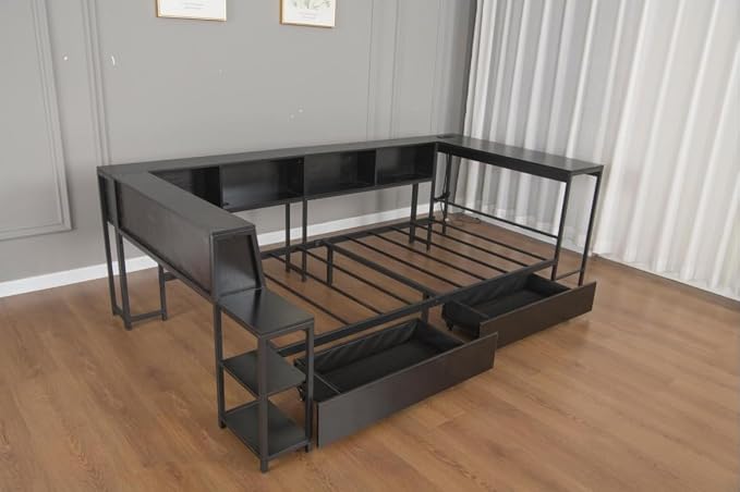 Bellemave Twin Corner Bed Frame with Desk and Storage, Twin Size cornner Bed with Charging Station and LED Light, Wood Daybeds with L-Shaped Bookcase and 2 Drawers, Black