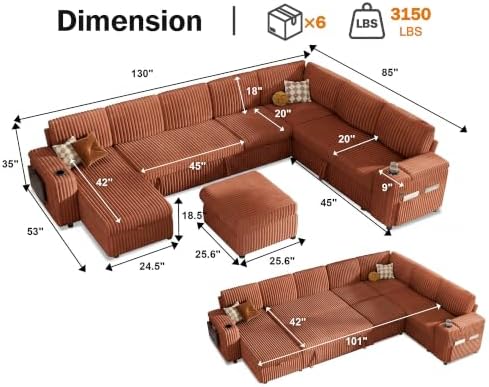 Vipbear 130" Modular Sectional Sleeper Sofa with Pull Out Bed, 9 Seat Corduroy L Shaped Couch with Ottoman and Chaise|USB Ports|Cup Holders|Side Table, Tool Free Assembly, Orange