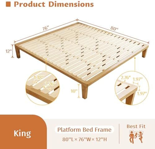 IOTXY King Platform Bed Frame - 12" Solid Wood Mattress Foundation Base