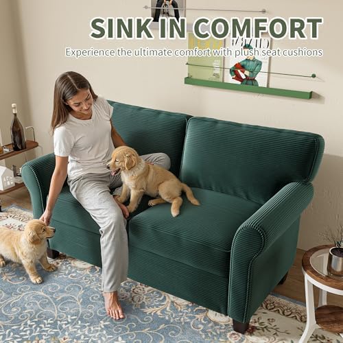 57" Loveseat Sofa, Mid Century Modern Corduroy Couch with Thick Cushion, 2 Seater Small Sofa for Living Room Bedroom Apartment Office, Dark Green