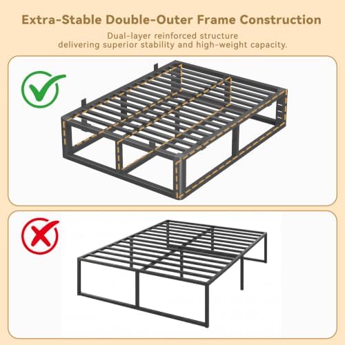 18 Inch Metal Queen Bed Frame with Rounded Corner, Steel Support