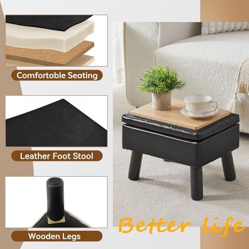 Storage Ottoman, Small Foot Stool Ottoman with Storage, Faux Leather Foot Rest with Wood Legs, Footstool for Living Room, Bedroom, Entryway, Black