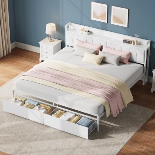 LIKIMIO California King Size Bed Frame with 2 Drawers and Charging Station