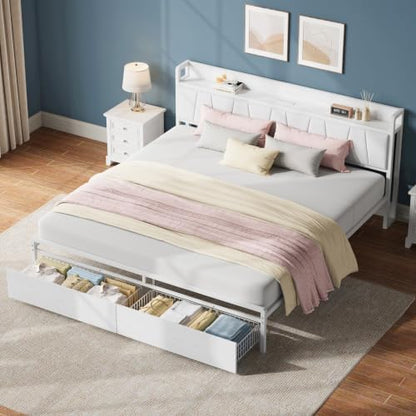 LIKIMIO California King Size Bed Frame with 2 Drawers and Charging Station