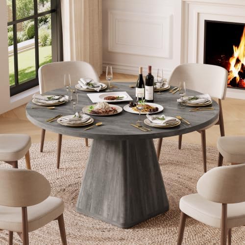47 Inch Round Dining Table for 4-6, Pedestal Kitchen Dinner Table Grey