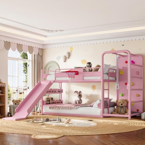 Full Size Bunk Bed with Slide & Basketball Hoop, Pink