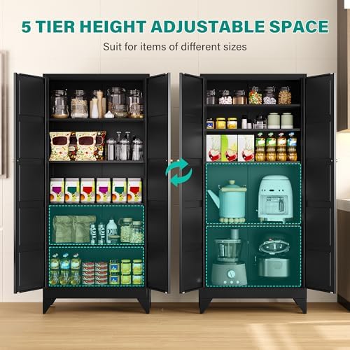 SISESOL Pantry Storages Cabinet with 2 Doors and 5 Shelves,Tall Storage Cabinet,Large Cupboard Closet,Metal Storage Cabinet for Home,Bathroom,Dining/Living Room (Black, 71" H)