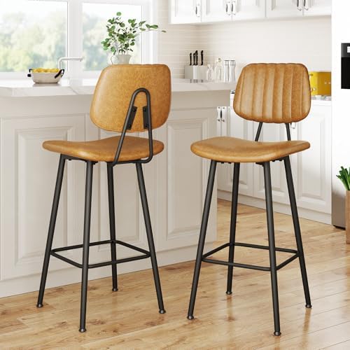 Raynesys 29-Inch Leather Bar Stools Set of 2 with High Backrest, Brown