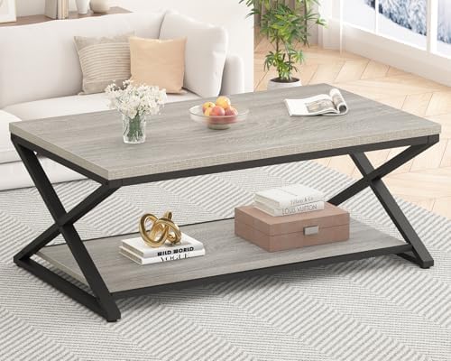 HSH 47" Rectangle Coffee Table with Storage for Living Room, Grey Oak