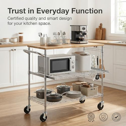 Finnhomy 3-Tier Rolling Kitchen Cart with 18" D x 36" W Oak Wood Tabletop, Kitchen Island Cart with 4" Wheels and Slider Shelf, Microwave Cart & Coffee Cart with Hooks for Dining Room, Chrome
