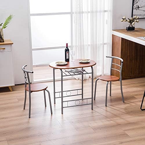 VINGLI 3 Piece Dining Set, Small Kitchen Table Set for 2, Breakfast Table Set, Kitchen Wooden Table with 2 Chairs for Small Space/Dining Room/Apartment, Metal Frame, Wine Rack, Russet
