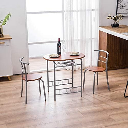 VINGLI 3 Piece Dining Set, Small Kitchen Table Set for 2, Breakfast Table Set, Kitchen Wooden Table with 2 Chairs for Small Space/Dining Room/Apartment, Metal Frame, Wine Rack, Russet