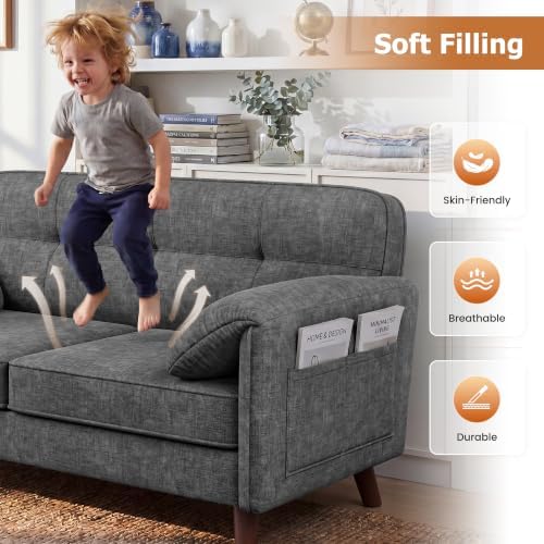 65" Loveseat Sofa, Chenille Loveseat Couch for Living Room with Storage Pockets, 25" Deep Seat Love Seat with Padded Arms, Modern Small Couches for Bedroom, Small Spaces, Home Office, Apartments, Grey