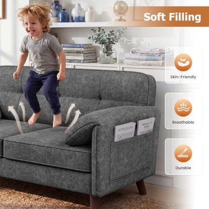 65" Loveseat Sofa, Chenille Loveseat Couch for Living Room with Storage Pockets, 25" Deep Seat Love Seat with Padded Arms, Modern Small Couches for Bedroom, Small Spaces, Home Office, Apartments, Grey